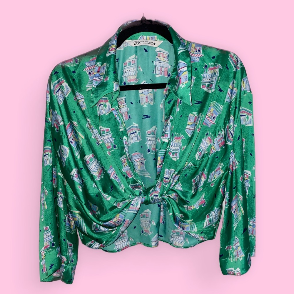Zara Vintage 90s Style Medium Green Retro Graphic Satin 3/4 Sleeve Summer Top - Picture 3 of 6